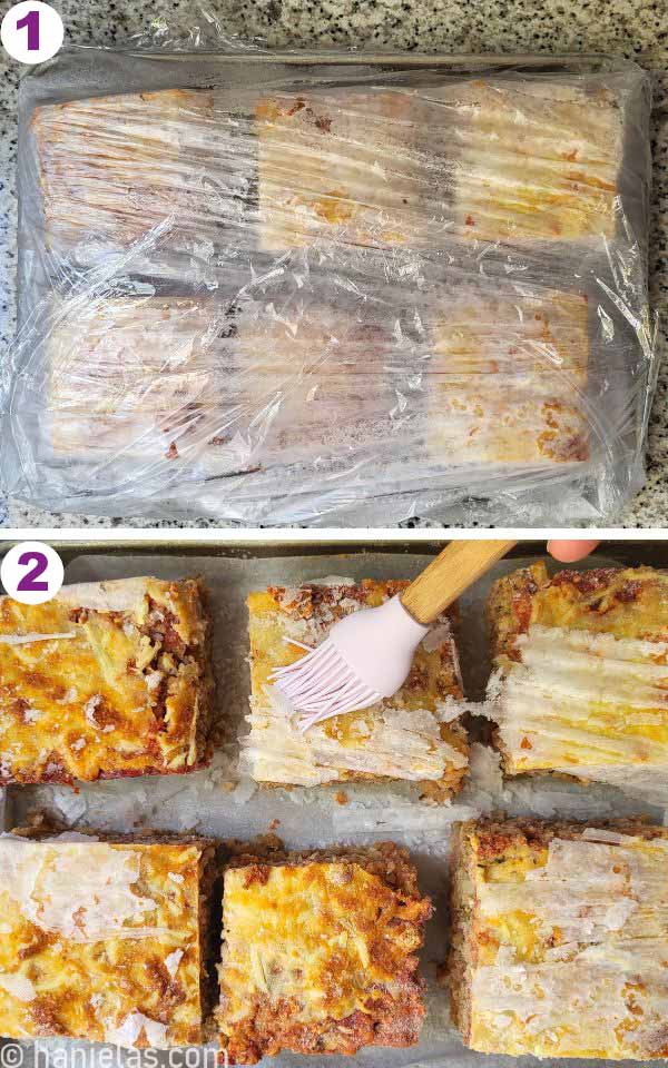 Baking sheet with frozen casserole cubes.