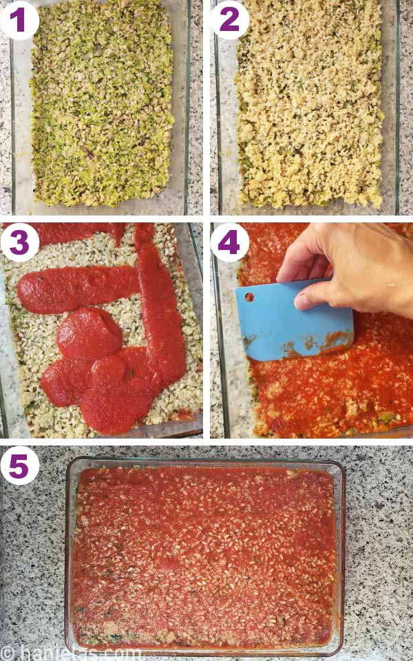 Glass rectangular baking dish with layers of meat, vegetables, tomato sauce, and rice.