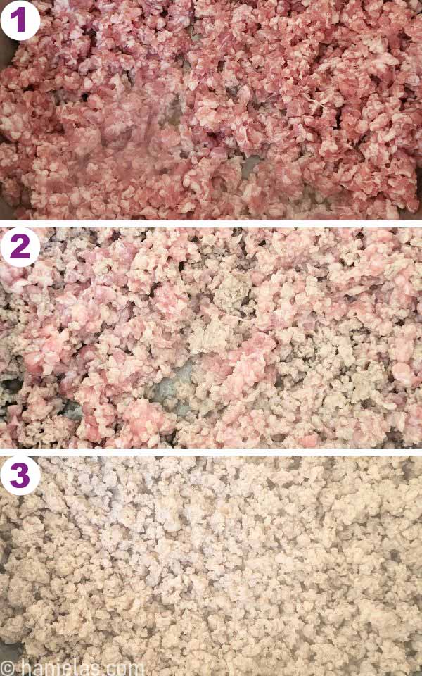 Close-ups of raw, partly cooked and fully cooked ground meat.
