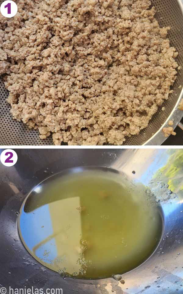 Cooked ground meat in a colander.