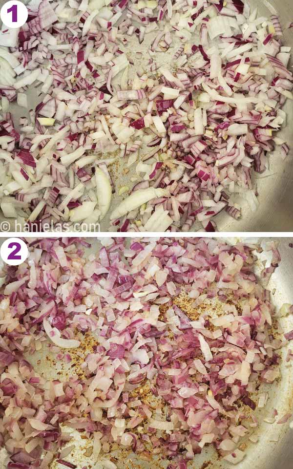 Sauteed red onion in a pot.