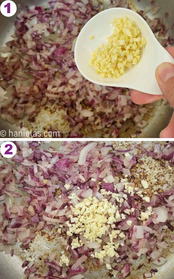 Red diced onion and garlic in a stainless steel pot.