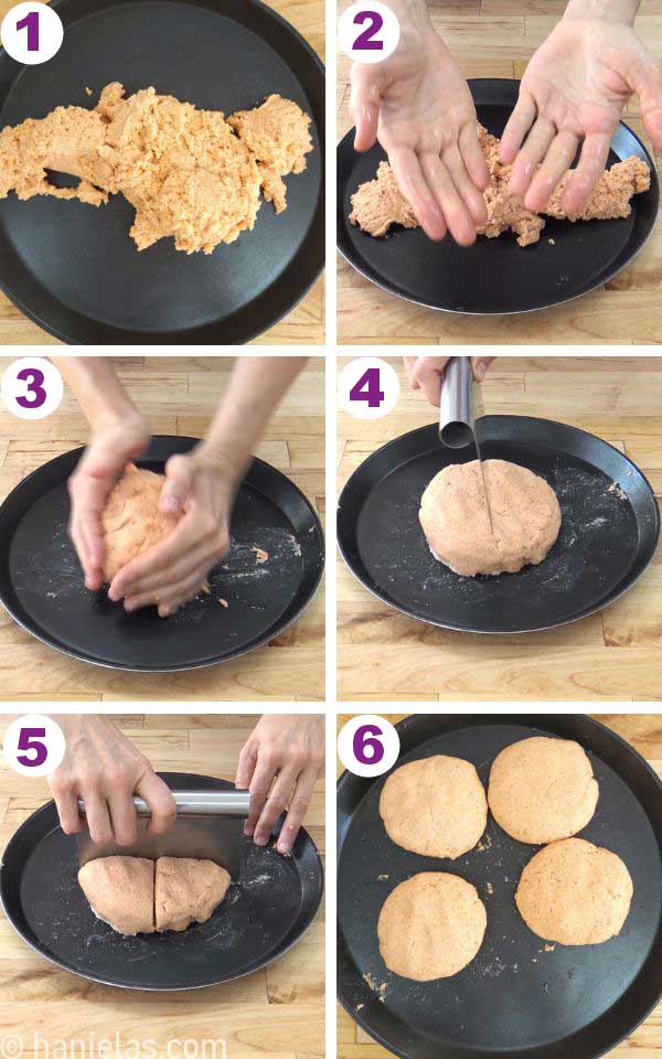 Shaping dough into four bagels.