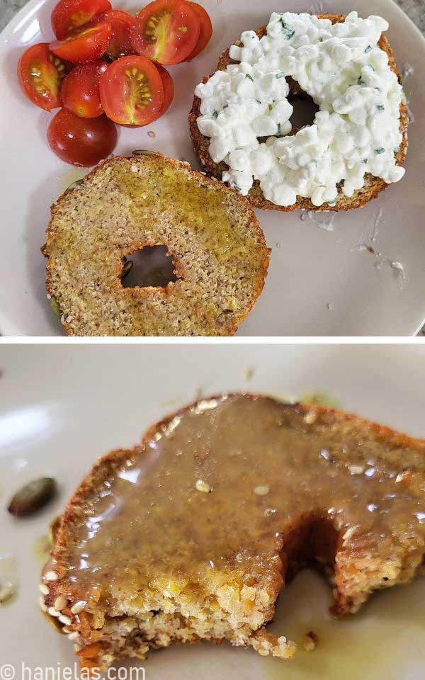 A white plate with a sliced bagel topped with cottage cheese and chives, and olive oil with honey.