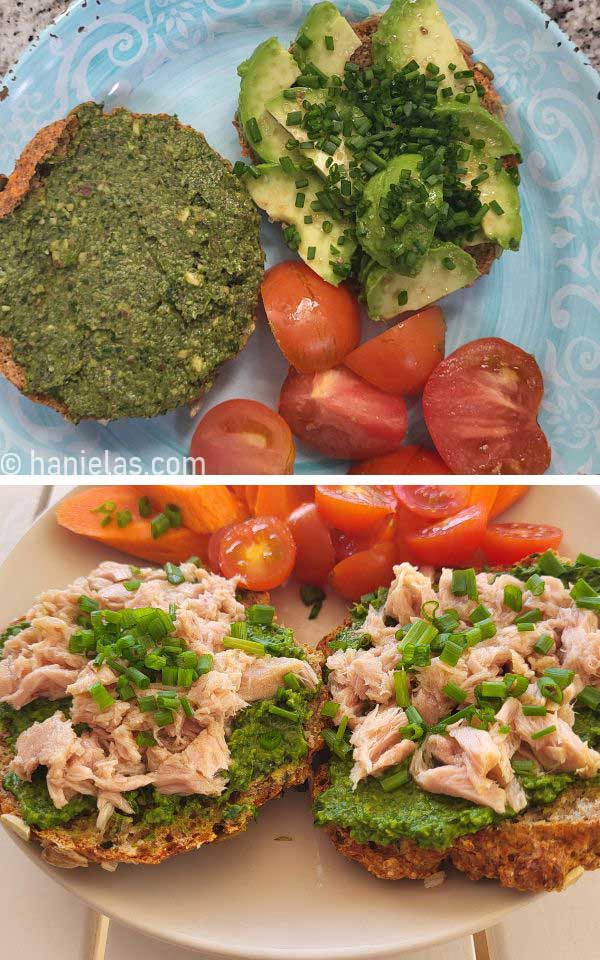 Bagels sliced and topped with pesto, and canned tuna with chives, and avocado and chives with coarse salt.
