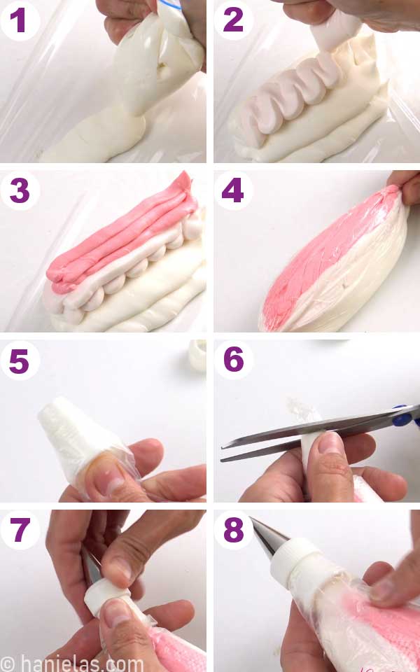 Making a pink and white royal icing pouch for making two tone flowers.