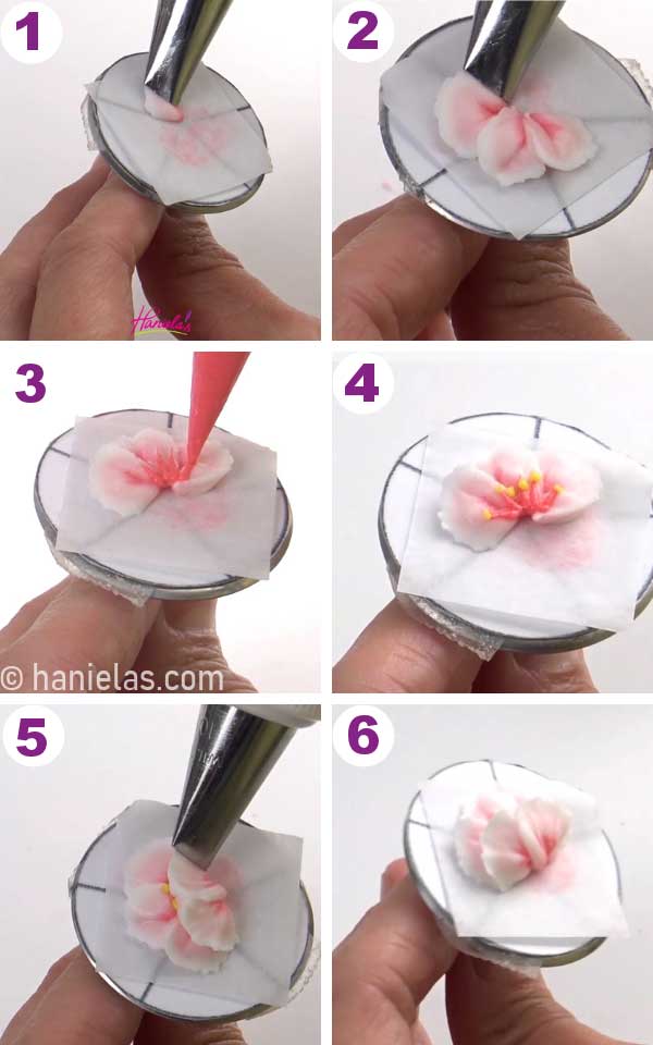 Piping a partly opened flower onto a flower nail.