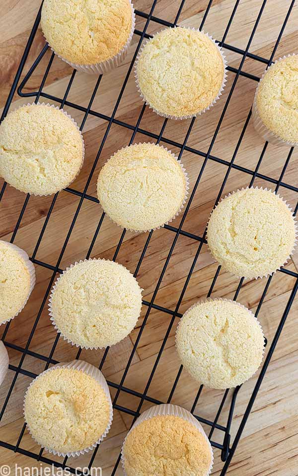 View from the above of baked cupcakes.