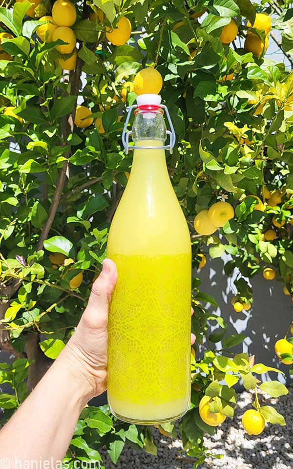 Hand holding a glass bottle with yellow liquid.