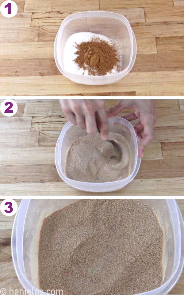 A container with cinnamon sugar.