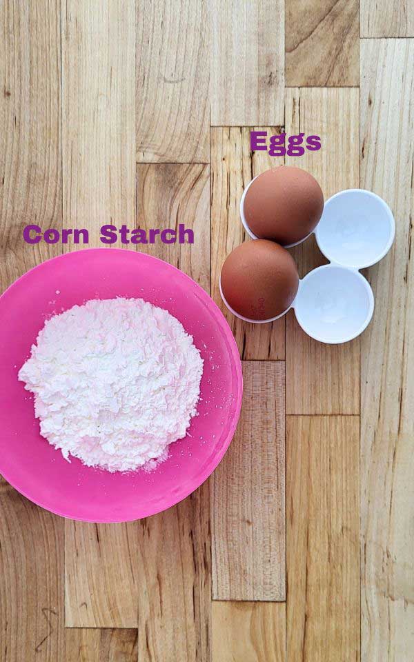 Bowl with starch and, white dish with two eggs.