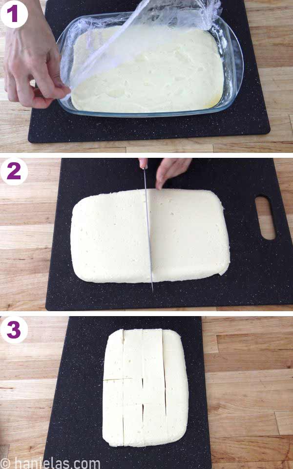 A glass casserole baking dish with cooled custard.