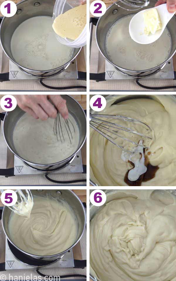 A stainless steel pot with cooked custard.