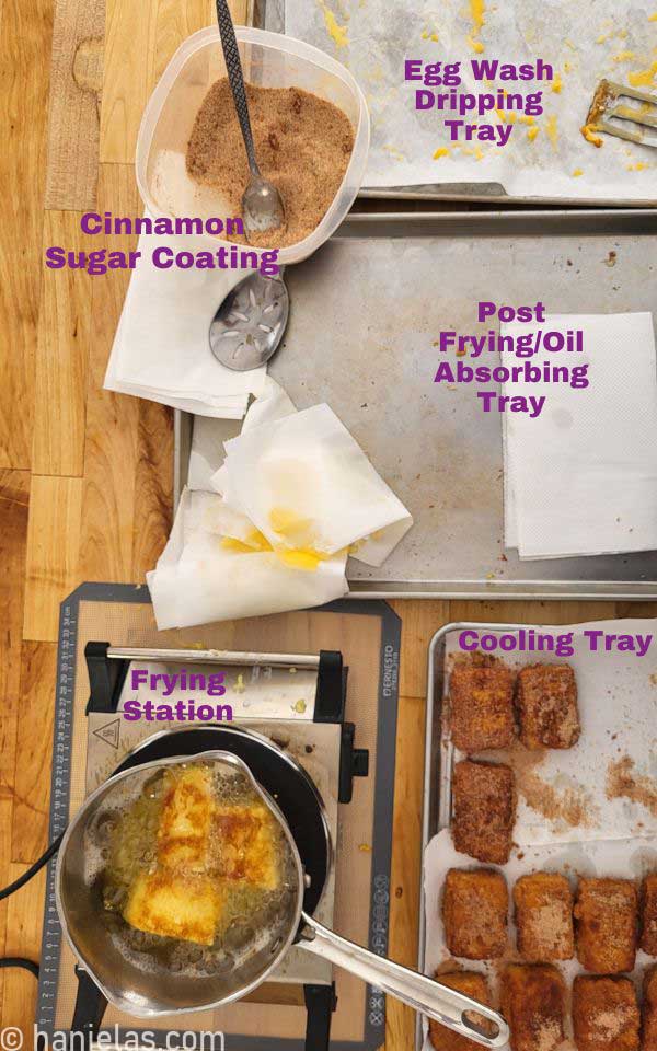 View form the above, showing the frying, and cinnamon sugar dipping stations.