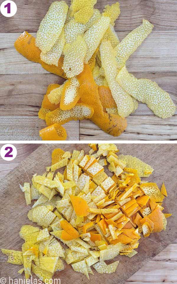 Peeled lemon and orange zest.