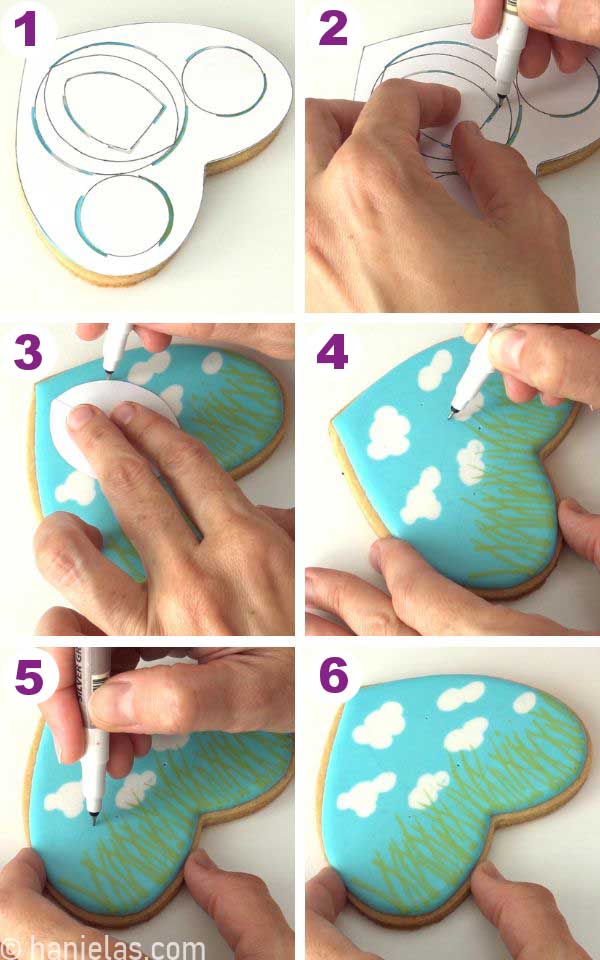 A heart shaped cookies iced with icing, with a cardstock on the top.