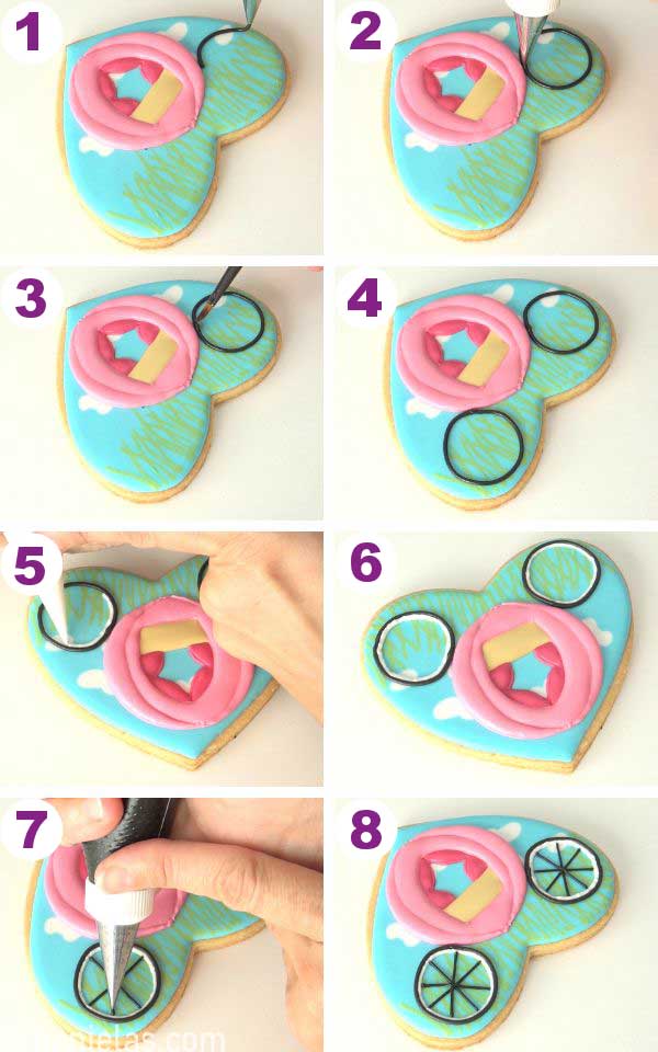 Piping a black circle onto a cookie.