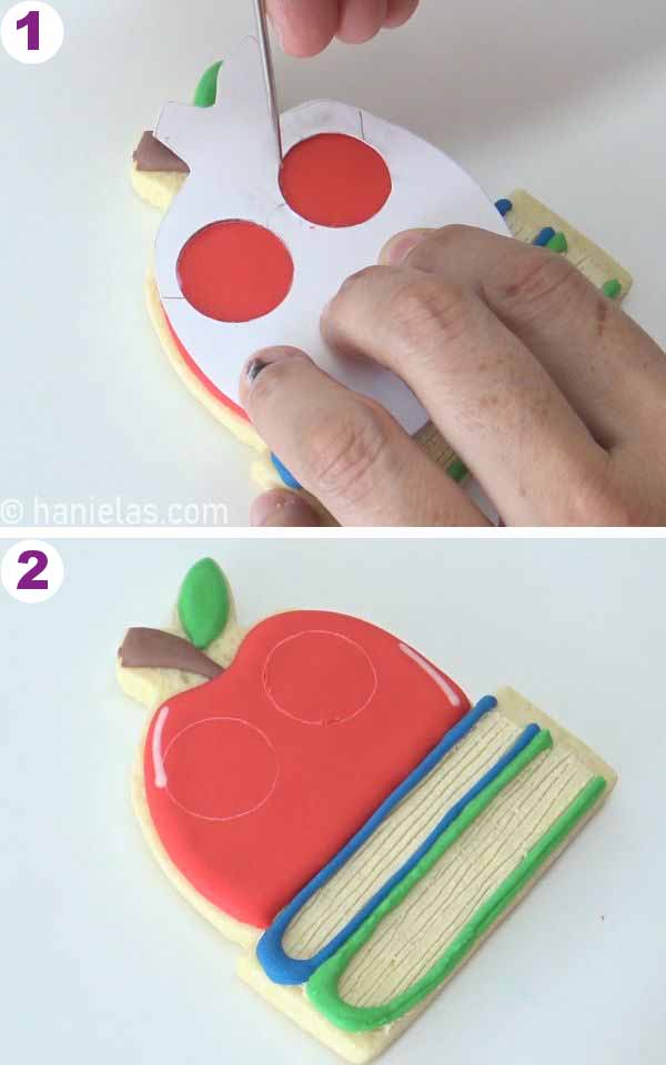 Using a template and tracing the guide onto the dry icing with a metal scribe.