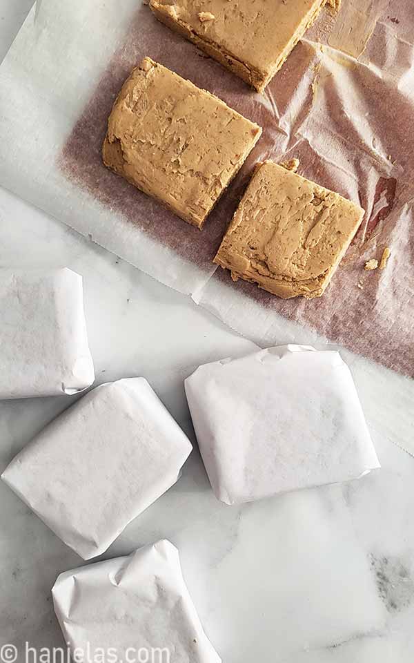 A close-up of frozen bars of puree.