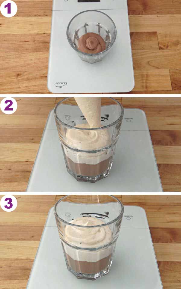 A glass on top of the digital kitchen scale being filled with mousse.