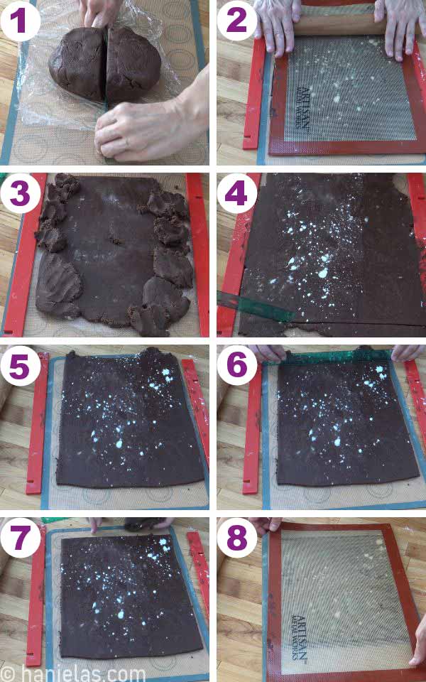 A sheet of rolled out chocolate cookie dough.