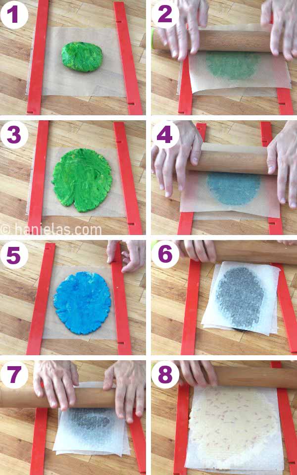 Sheet of colored, rolled out cookie dough.
