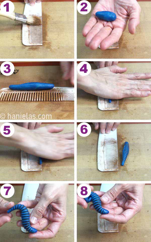 Palm of a hand rolling a piece of colored cookie dough over a cinnamon dusted hair comb.