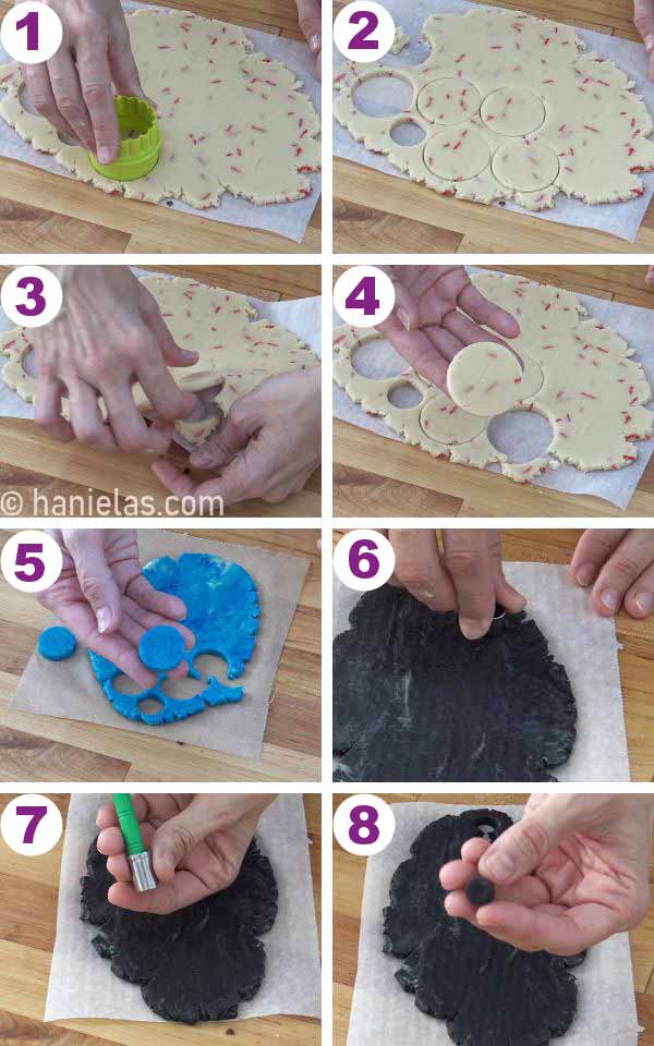 Cutting out small rounds from colored cookie doughs.