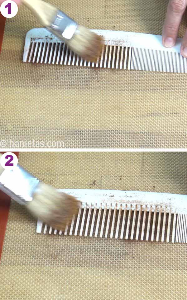 Pastry brush, dusting a hair comb with cinnamon.