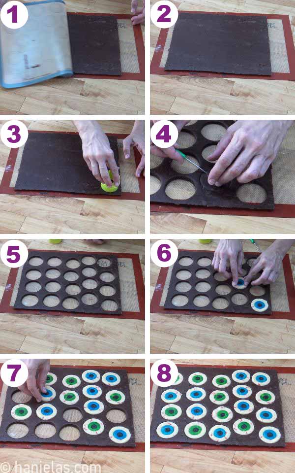 Placing round cookies into the cut out sections on a sheet of cookie dough.