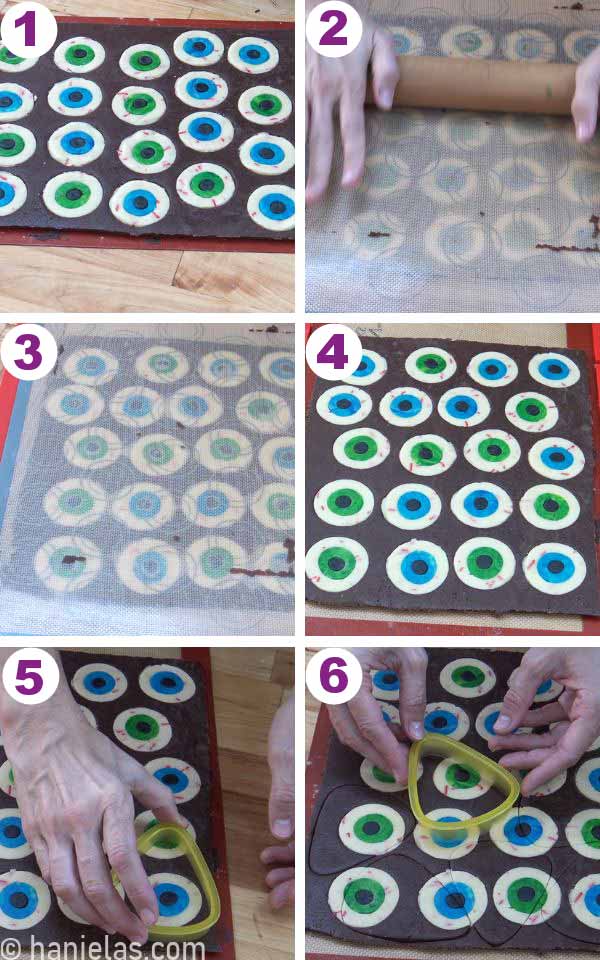 A sheet of chocolate cookie dough with an eye inlay pattern.