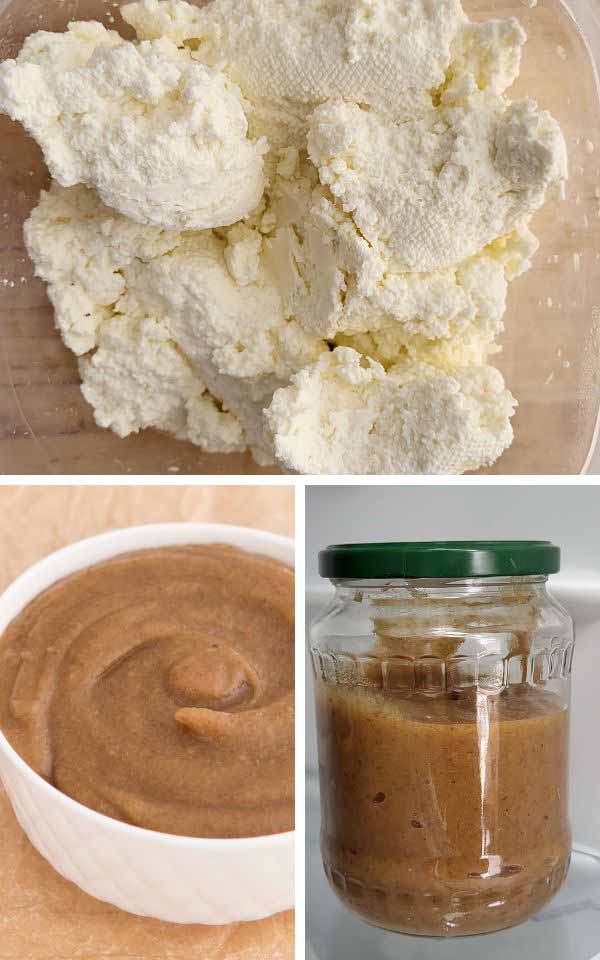 Dense curd cheese in a bowl and date paste in a glass jar.
