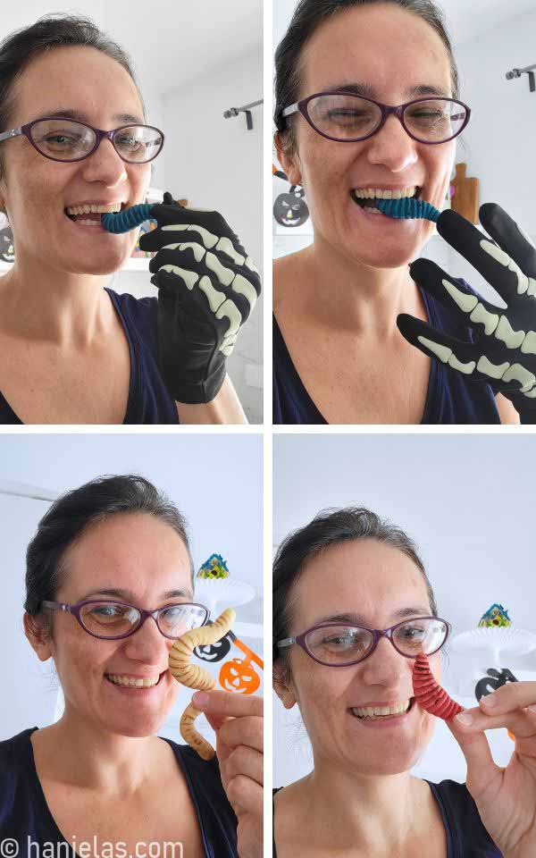 A woman eating cookie maggots.