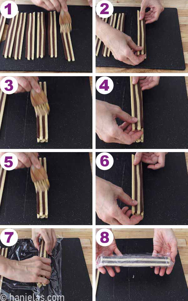Layering cookie slices into a log.
