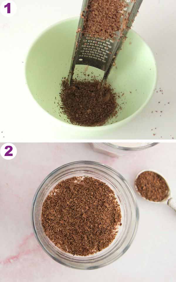 A small green dish with chocolate shavings.