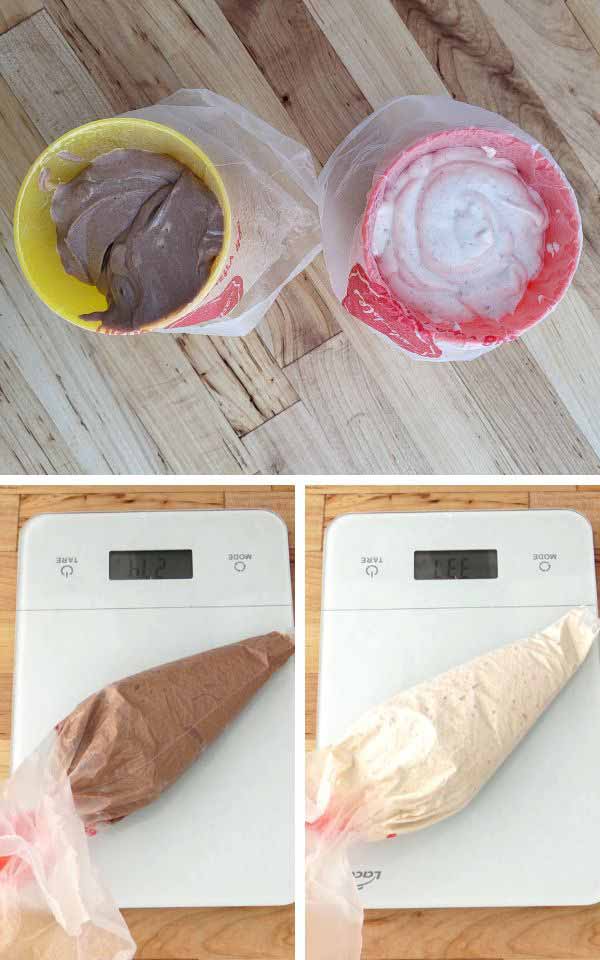 A filled piping bag on top of the digital kitchen scale.
