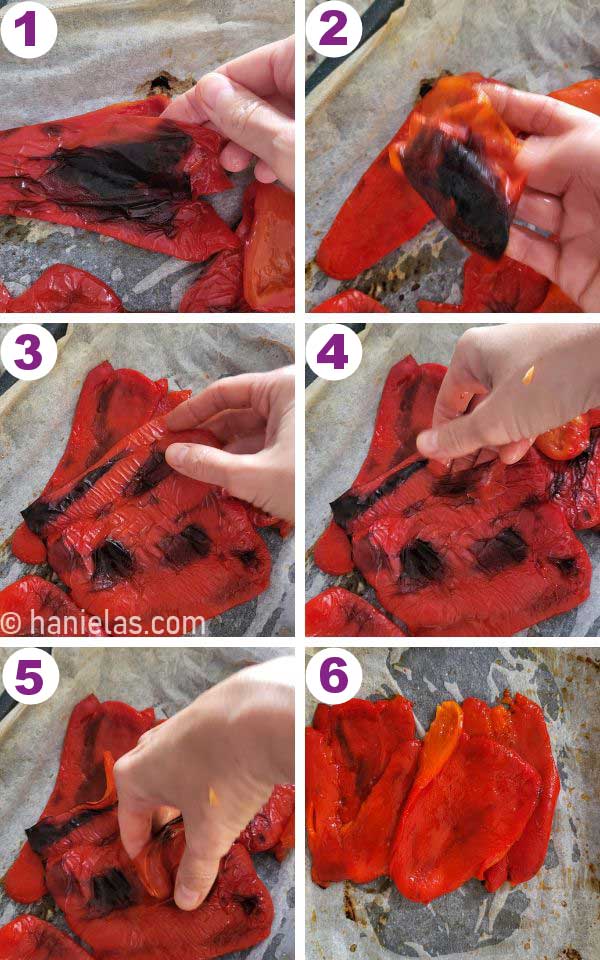 Fingers, removing skin from roasted peppers.