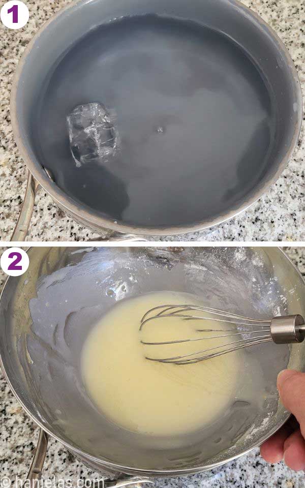 Stainless steel bowl with a runny white glaze atop a large sauce pan with icy water.