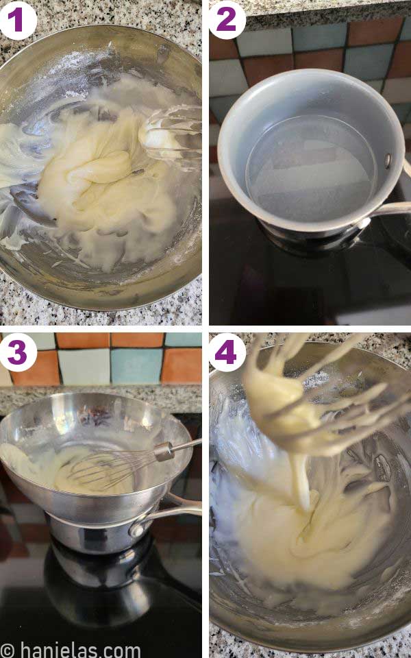 A stainless steel bowl with a thick glaze atop a saucepan with hot water.