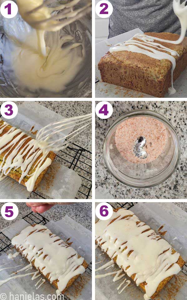 Bread on a cooling rack drizzle with white colored glaze.