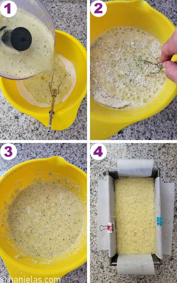 A loaf pan filled with bread batter.