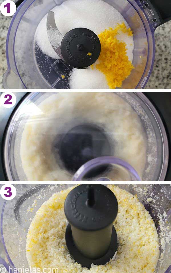 A food processor bowl with granulated sugar blended with yellow lemon zest.