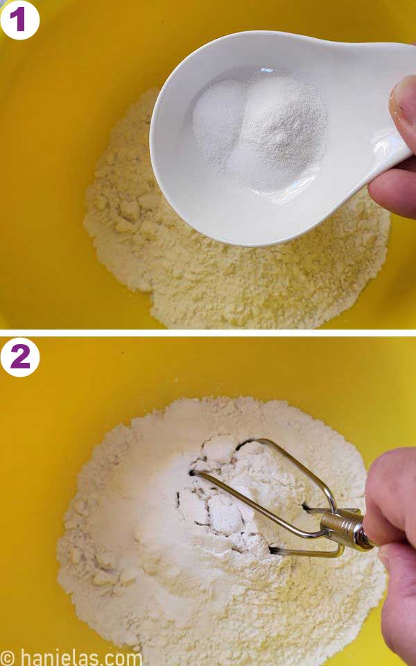 A yellow mixing bowl with flower, baking powder, baking soda and salt.