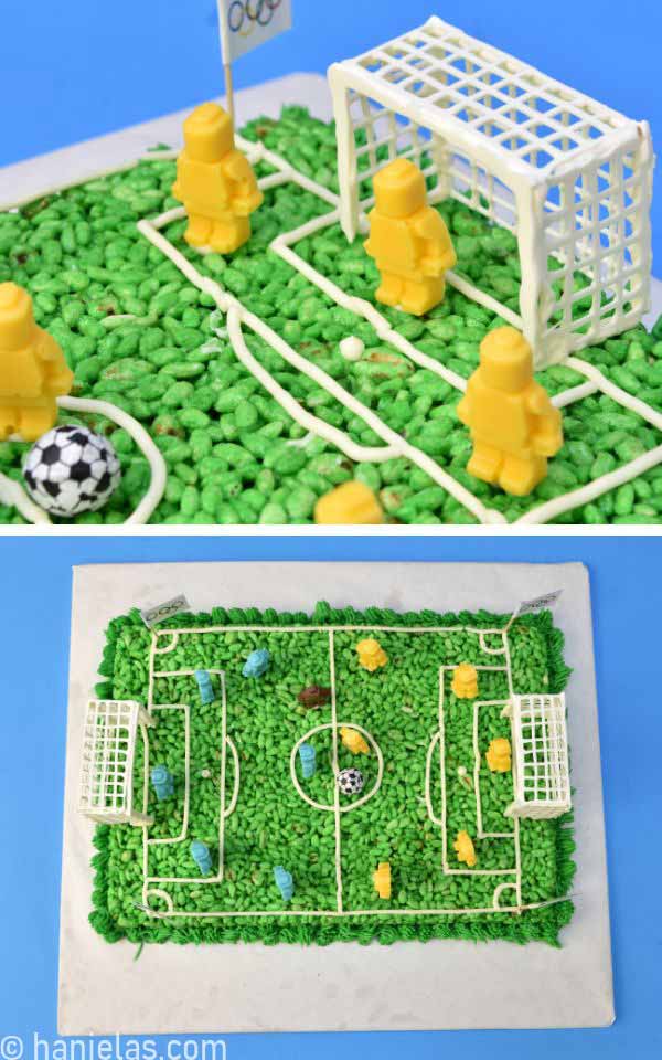 Green cereal marshmallow cake, resembling a soccer field.