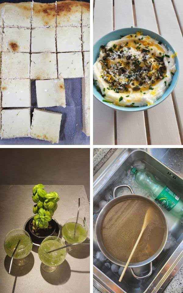 A collage of sheet bread, dip in a blue bowl, green cocktail, and a pot in a sink.