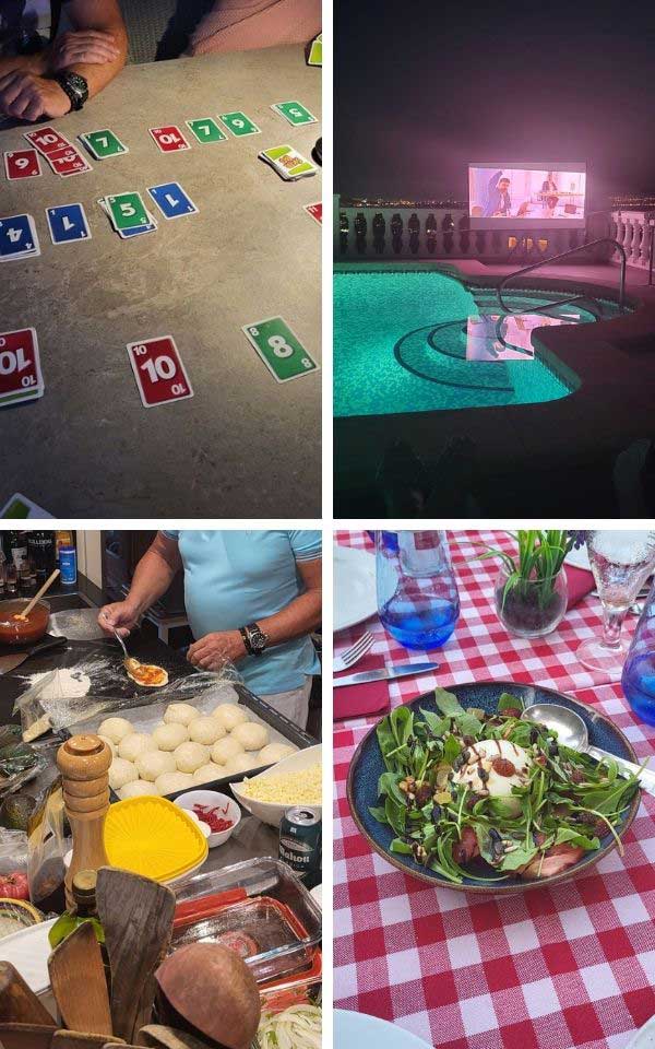 A collage with a table and playing card, a swimming pool, kitchen counter with pizzas.