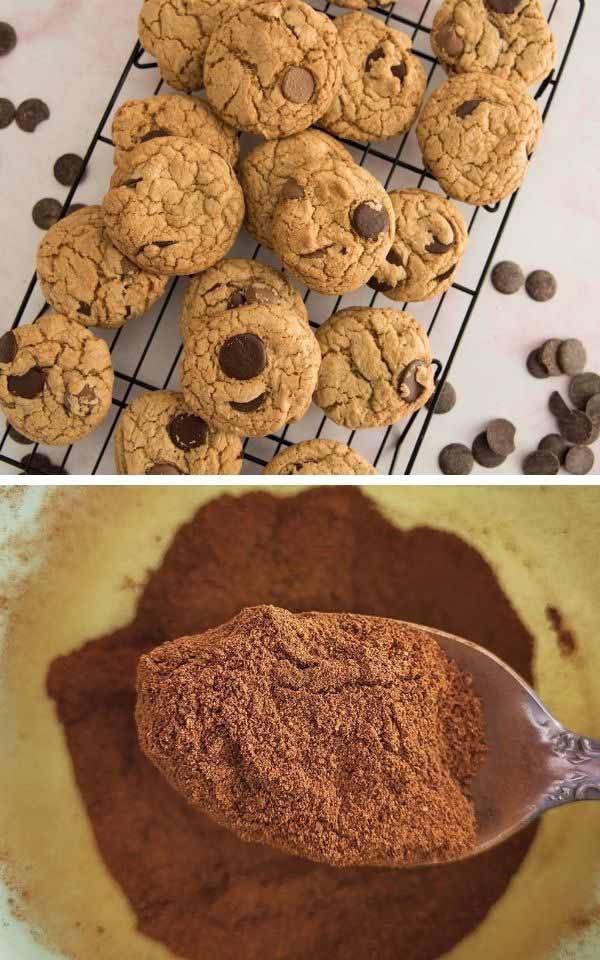 Chocolate chip cookies on a cooling rack and a spoon with a spice mix.