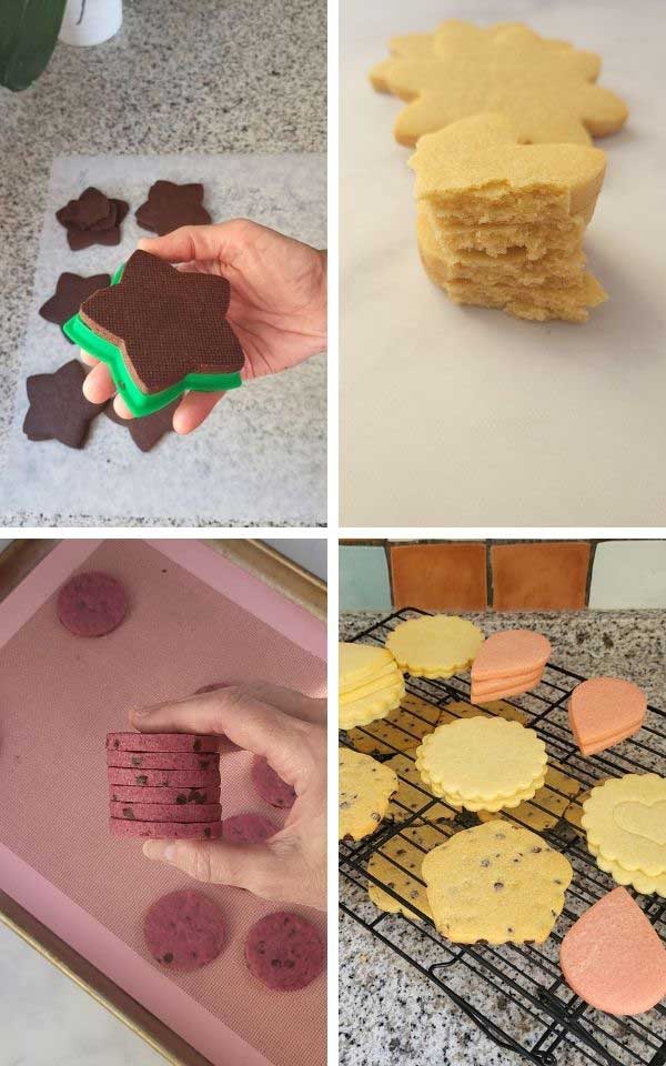 Variety of baked cut out cookies on a cooling rack or a baking sheet.