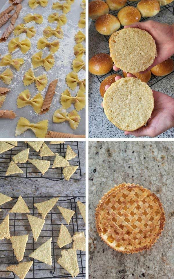 A collage with pasta bows, hands holding two halves of buns, baked crackers, and a lattice pie.