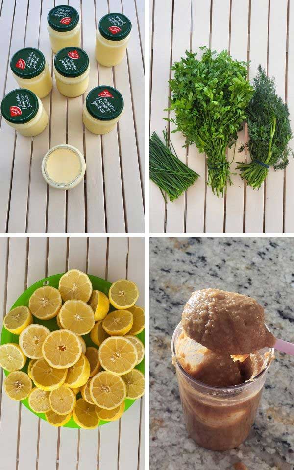 Jar glasses filled with fat, fresh herbs, yellow lemons.